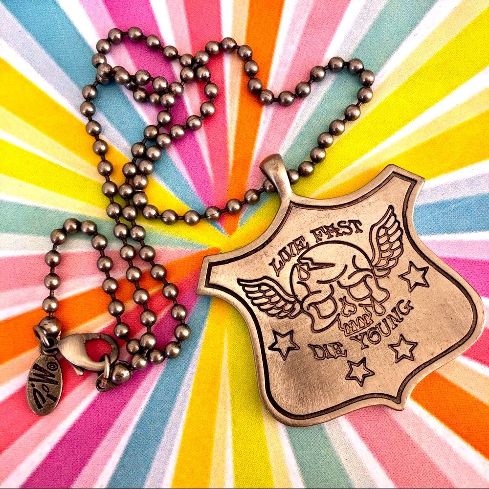 Live Fast Die Young gunmetal biker babe necklace